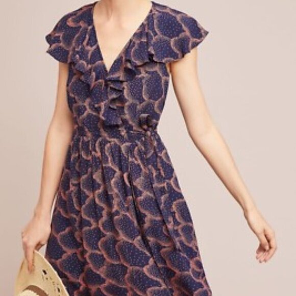 MAEVE Anthropologie Rosalia Mini Dress Women's 8 Navy Faux Wrap Ruffle Romantic - Picture 2 of 10